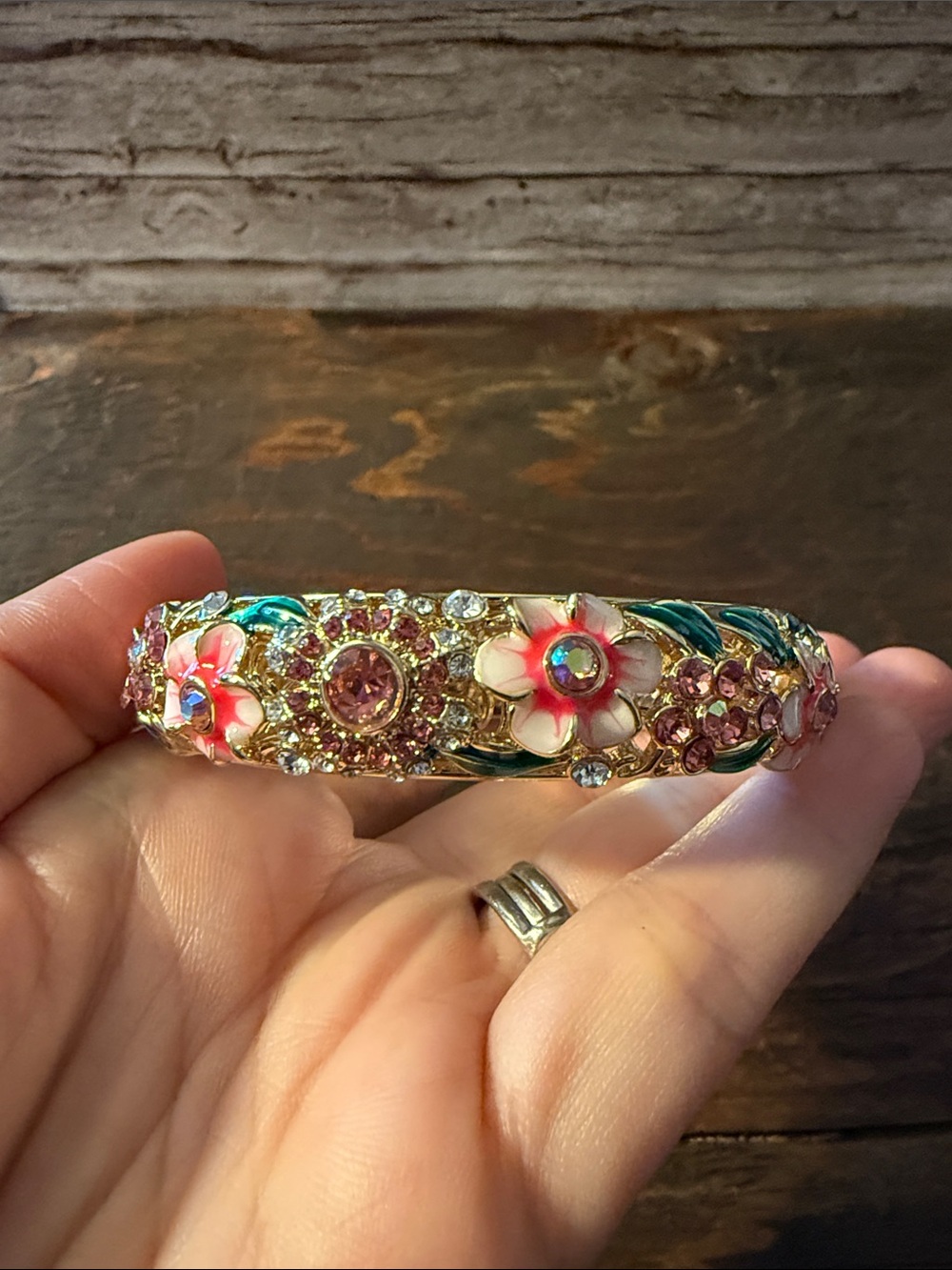 Gold Plated Floral Enamel Crystal Wide Bangle Bracelet - Pink & Green Floral